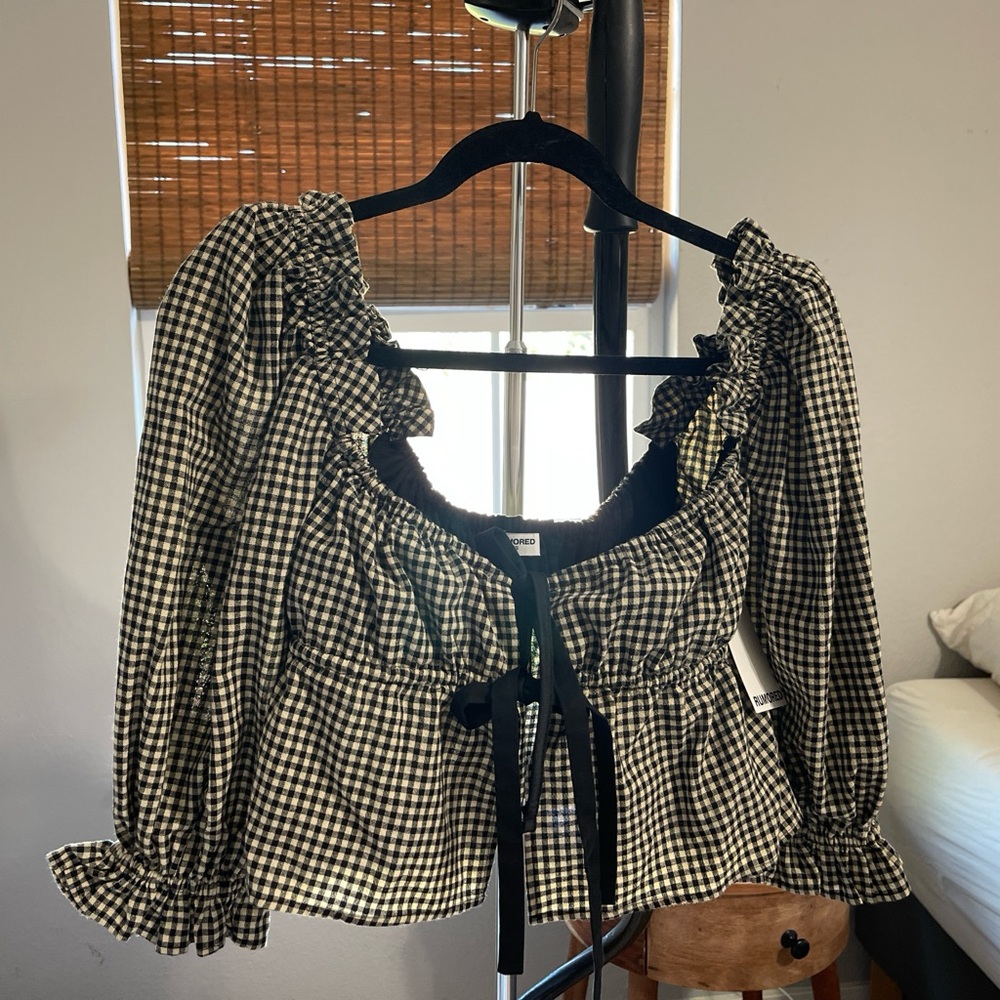Rumored Black and White Checkered Blouse with Ruffles
